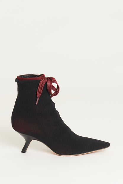 Burgundy Suede With Black Sock Overlay Preowned Ankle Boots