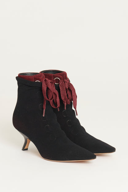 Burgundy Suede With Black Sock Overlay Preowned Ankle Boots