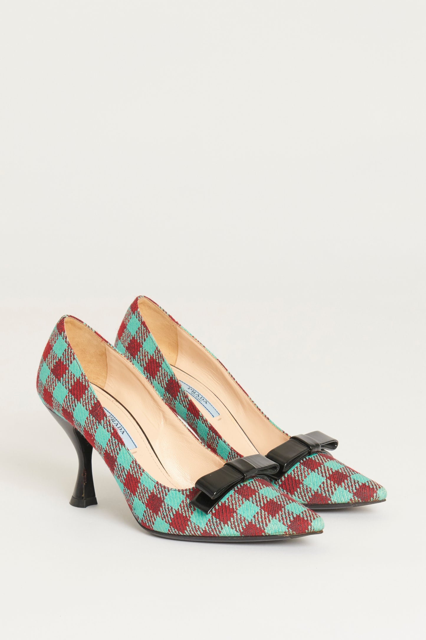 Check Wool Leather Bow Preowned Heels