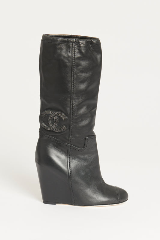 Black Leather Preowned CC Embellished Wedge Boots