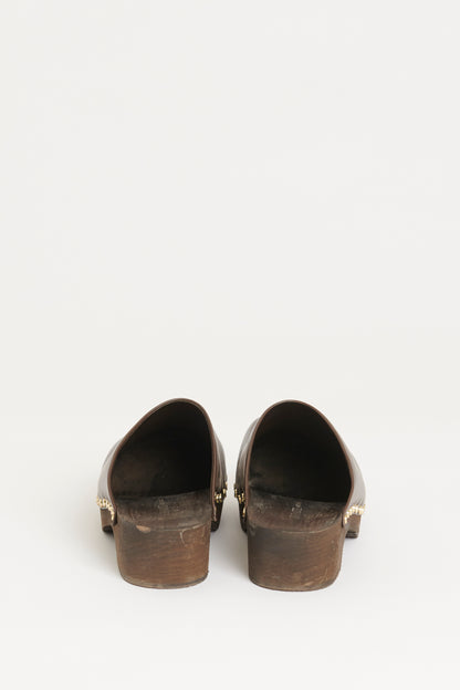 Brown Leather Wooden Heel Preowned Clogs
