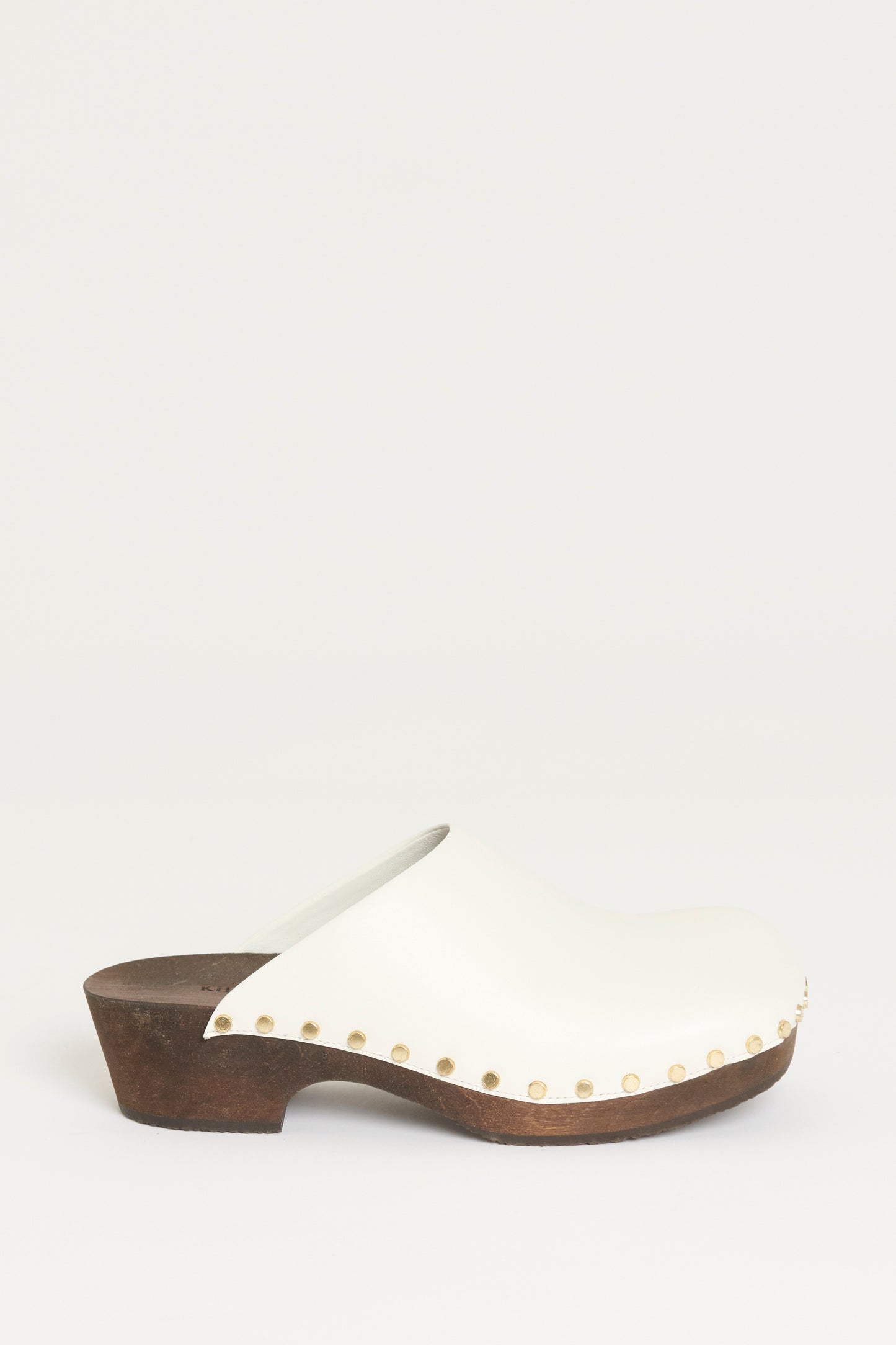 White Leather Wooden Heel Preowned Clogs