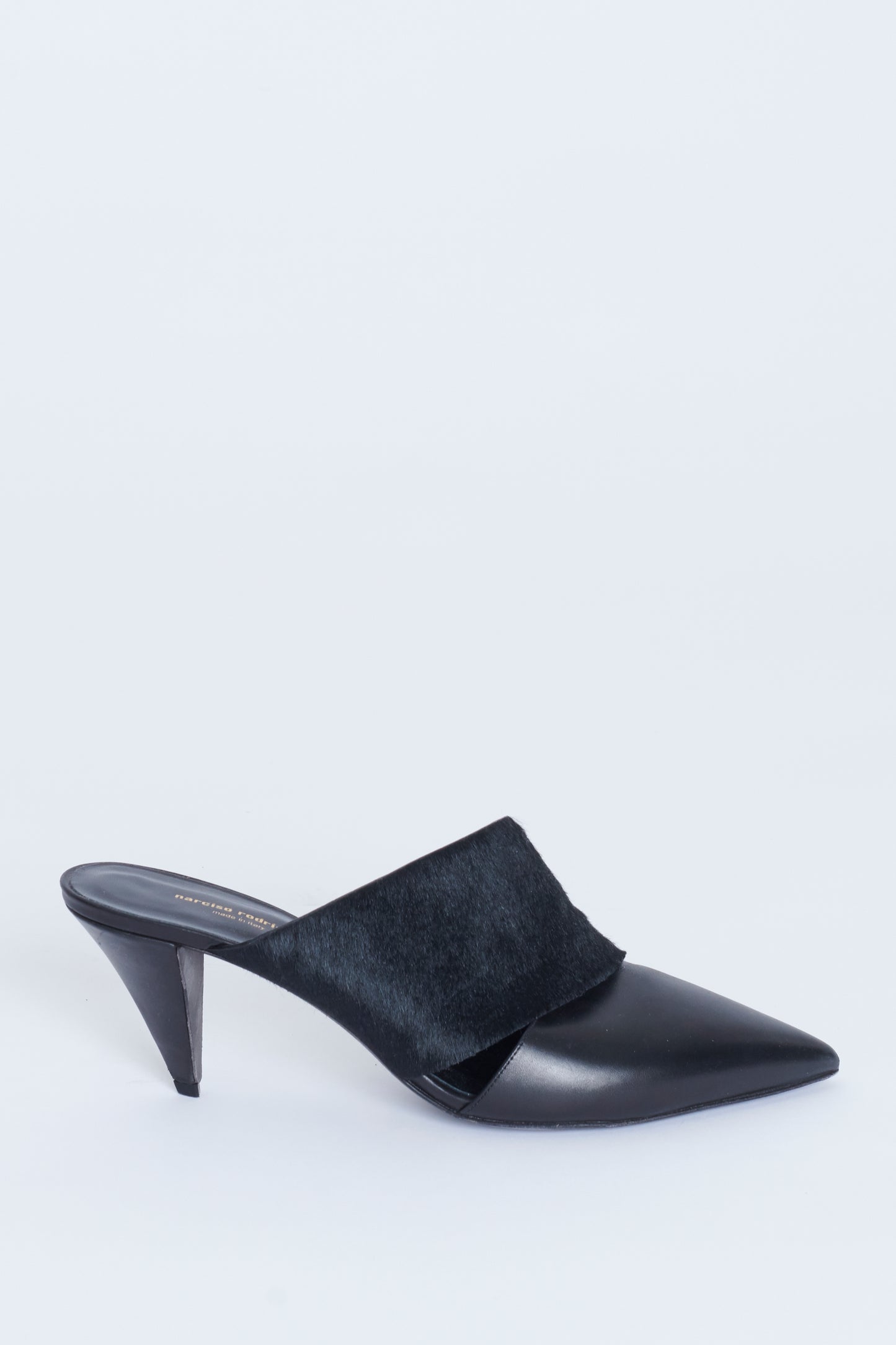 Black Leather and Suede Tapered Heel Preowned Mule with Pointed Toe