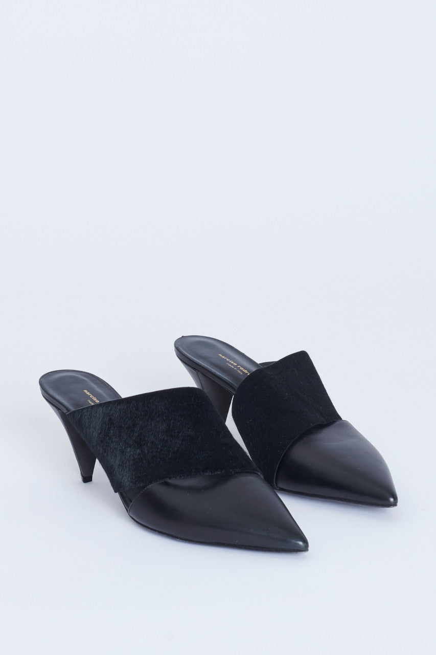 Black Leather and Suede Tapered Heel Preowned Mule with Pointed Toe