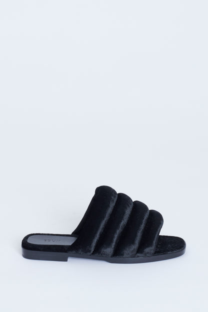 Black Quilted Velvet Open Toe Flat Sandals