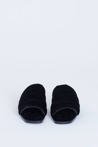 Black Quilted Velvet Open Toe Flat Sandals