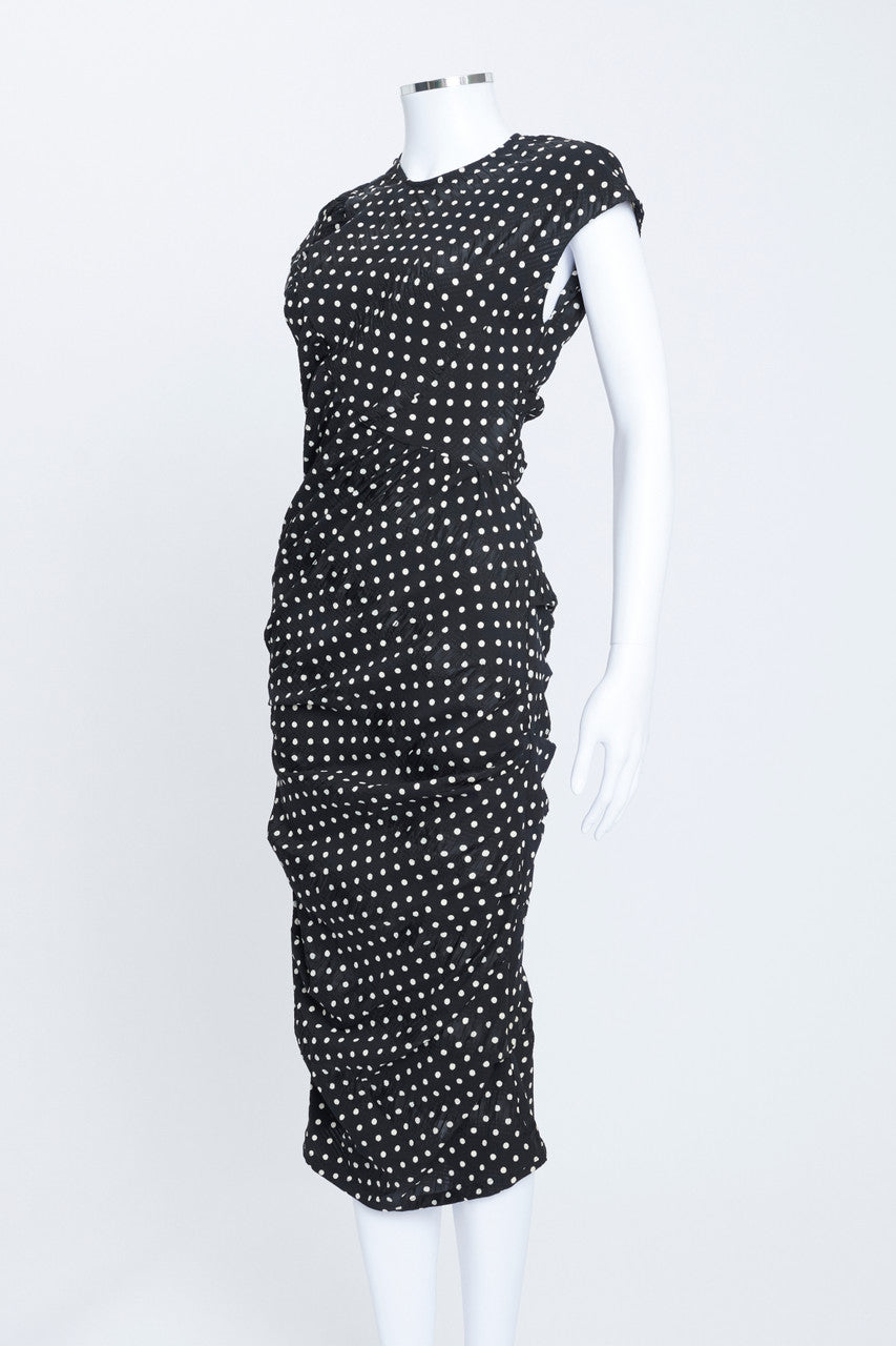 Black Polka Dot Puckered Sleeveless Midi Dress