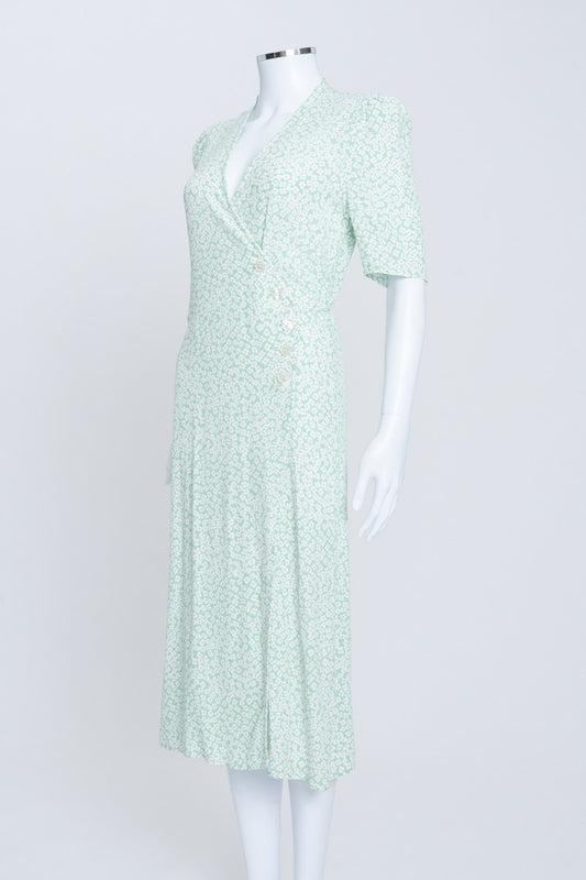 Pale Green Floral Print Button Through Tea Dress with Tie Waist