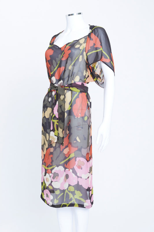 Floral Printed Silk Chiffon Belted Knee-Length Dress