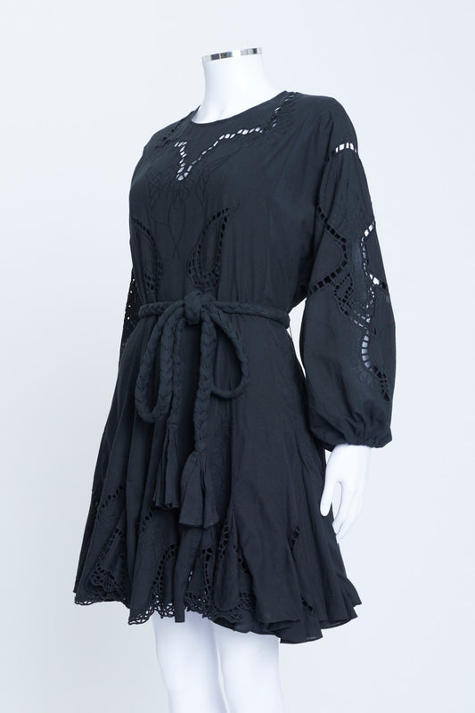 Black Cotton Eyelet Detail Long Sleeve Dress With Rope Belt