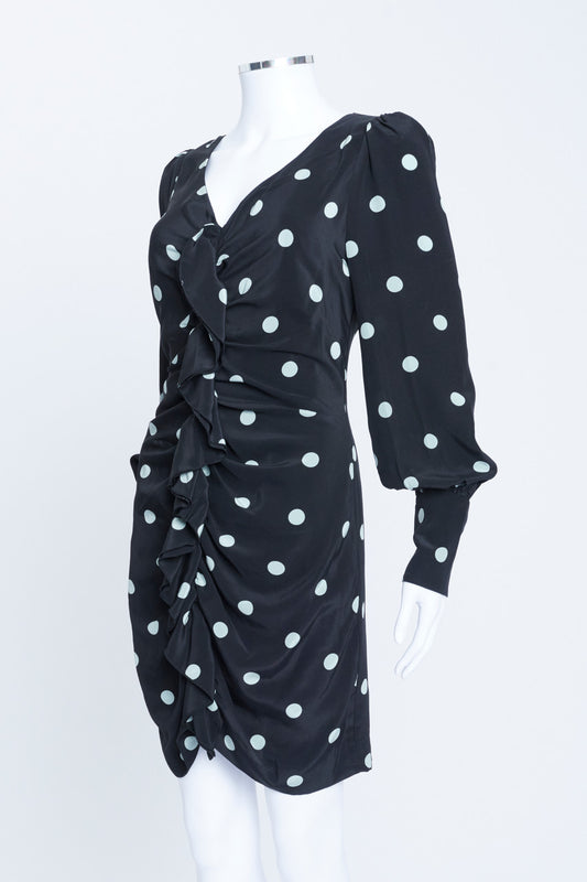 Black Silk Polka Dot Above The Knee Ruffled Dress