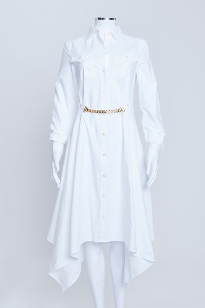 White Cotton Shirt Dress With Gold Chain Belt