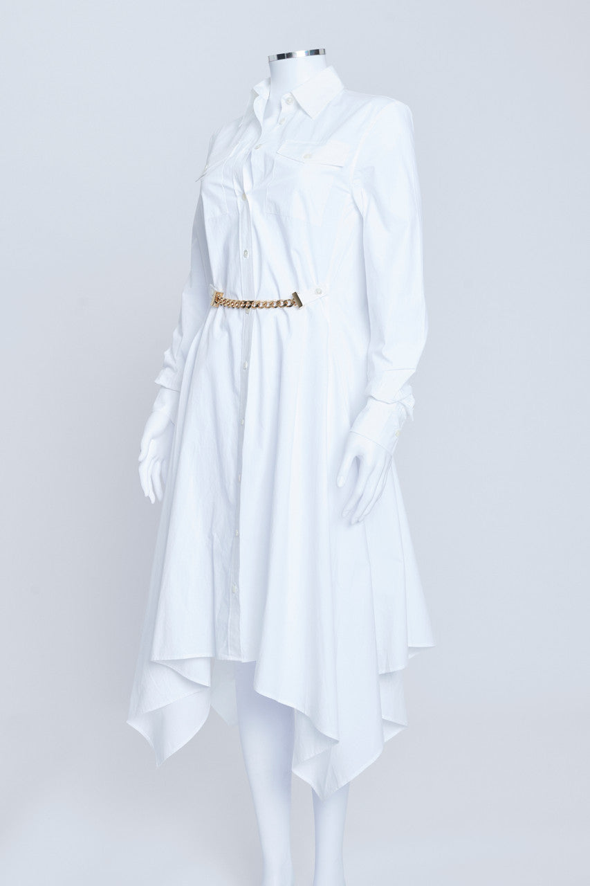 White Cotton Shirt Dress With Gold Chain Belt