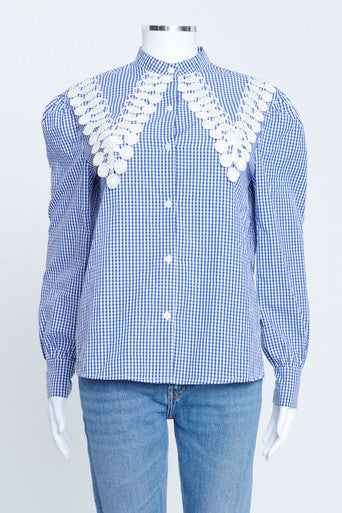 La Veste Blue Gingham Cotton Lace Collar Shirt