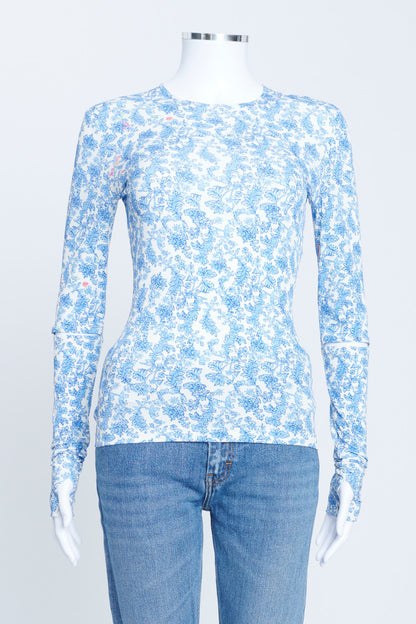 White And Blue Printed Long Sleeve Stretch Top