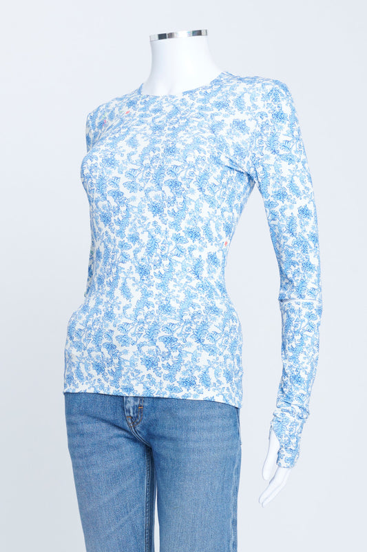 White And Blue Printed Long Sleeve Stretch Top