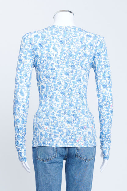 White And Blue Printed Long Sleeve Stretch Top