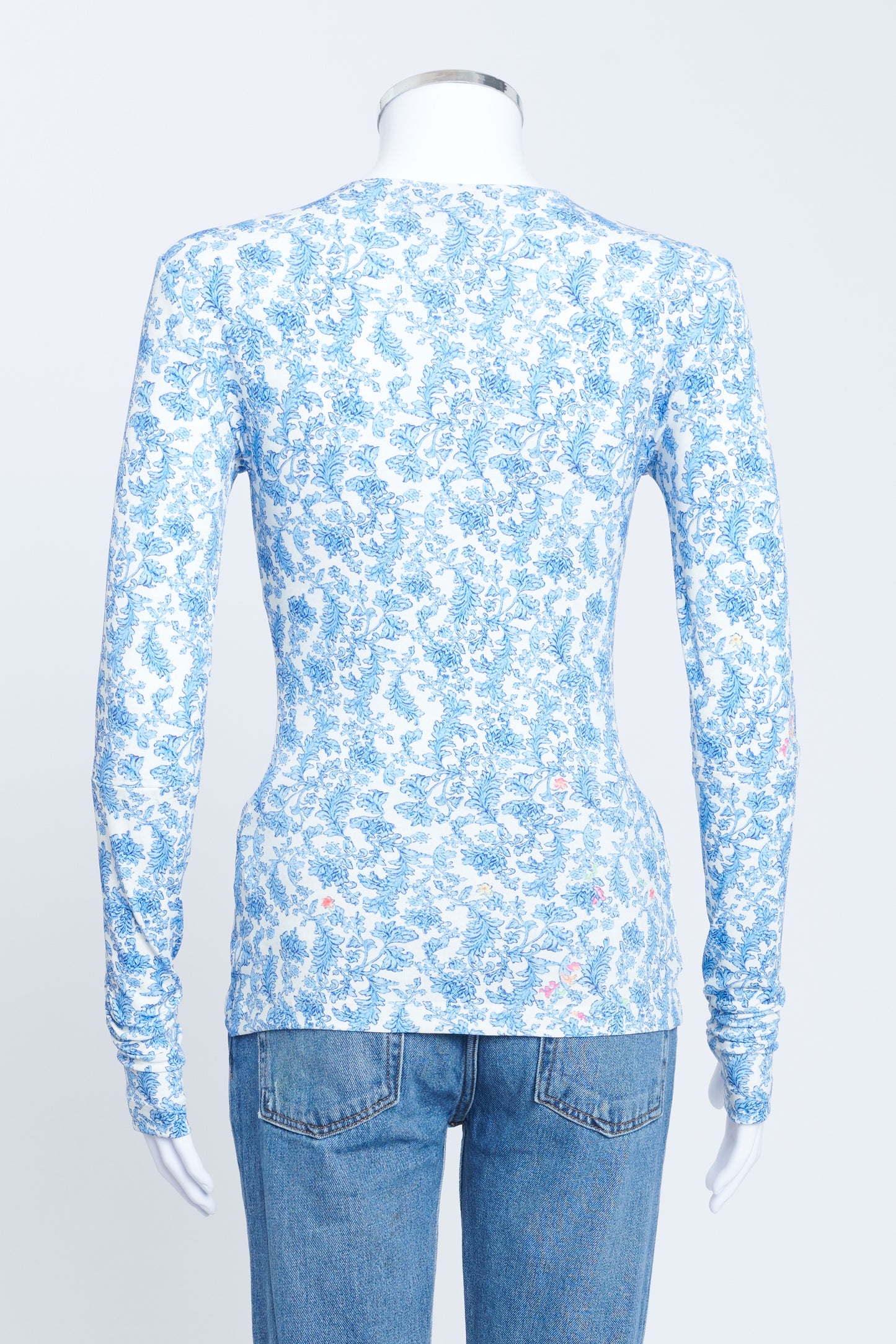 White And Blue Printed Long Sleeve Stretch Top