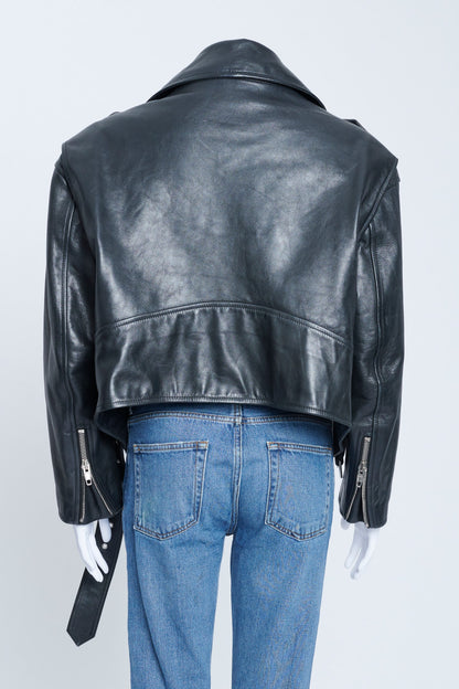 Black Leather Cropped Biker Jacket with Silver Zips and Hard Wear