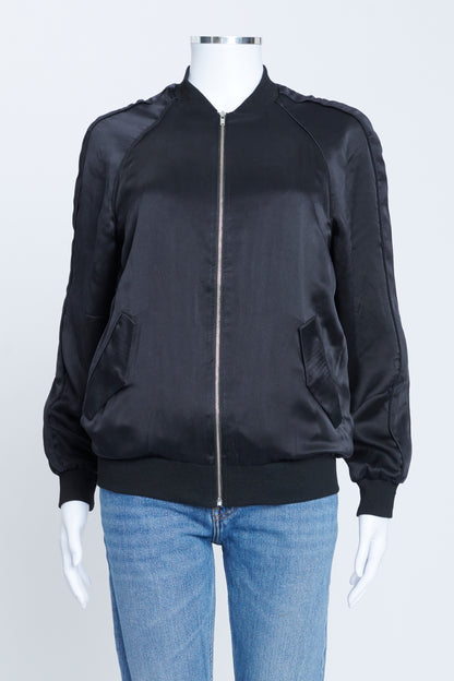 Black Silk Bomber Jacket With Silver Zip