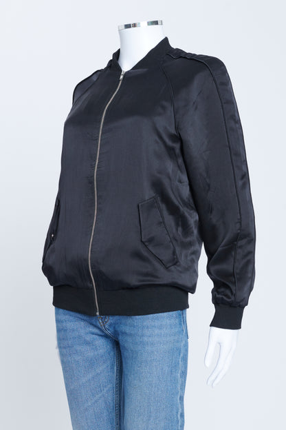 Black Silk Bomber Jacket With Silver Zip