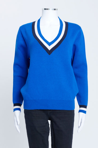 Blue Merino Wool Knit V-Neck Sweater