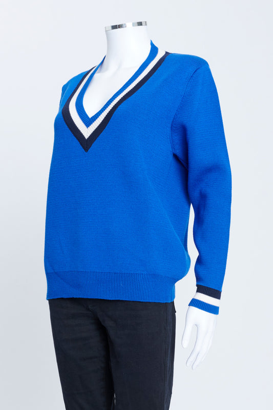Blue Merino Wool Knit V-Neck Sweater