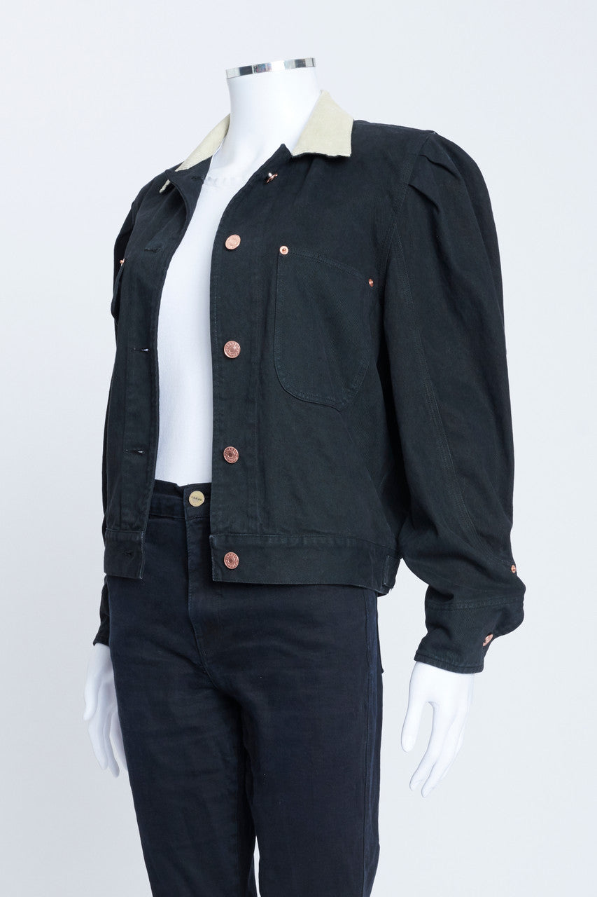 Black Denim Jacket with Puffed Sleeves and Beige Contrast Collar