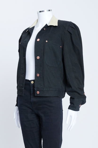 Black Denim Jacket with Puffed Sleeves and Beige Contrast Collar