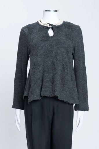 Grey Wool Knitted Preowned Sweater With Pearl Neck Detail