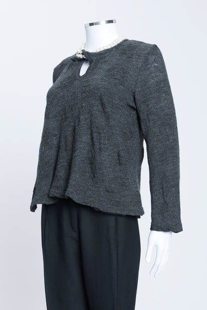 Grey Wool Knitted Preowned Sweater With Pearl Neck Detail