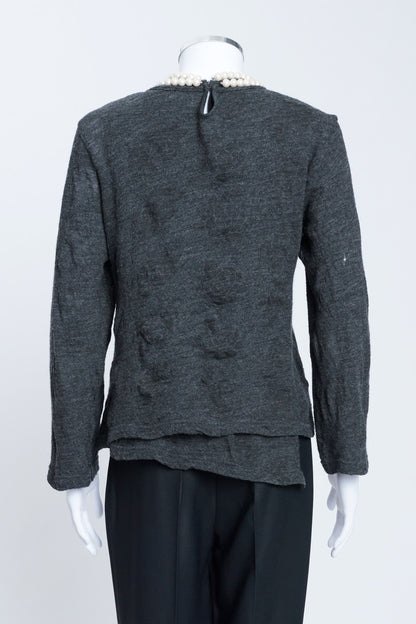 Grey Wool Knitted Preowned Sweater With Pearl Neck Detail