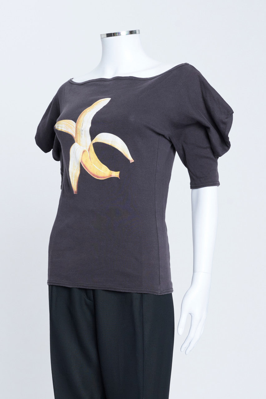 2001 Black Cotton Banana Print Boat Neck T-Shirt