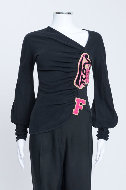 Black Cotton Long Sleeve T-Shirt with Embroidery Patches