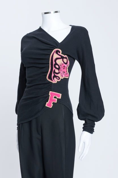 Black Cotton Long Sleeve T-Shirt with Embroidery Patches
