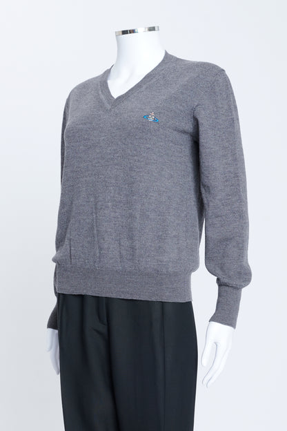 Grey Wool V-Neck Knitted Jumper