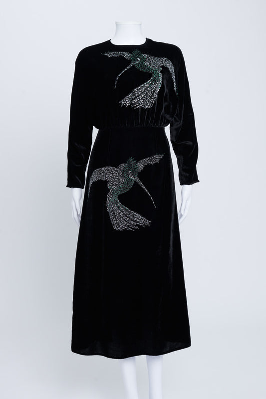 Black Embroidered Velvet Long Dress