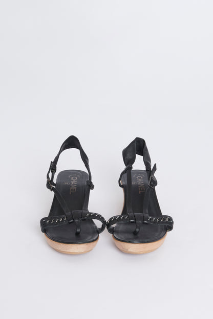 Black Leather Preowned Sandals with Wooden Heel
