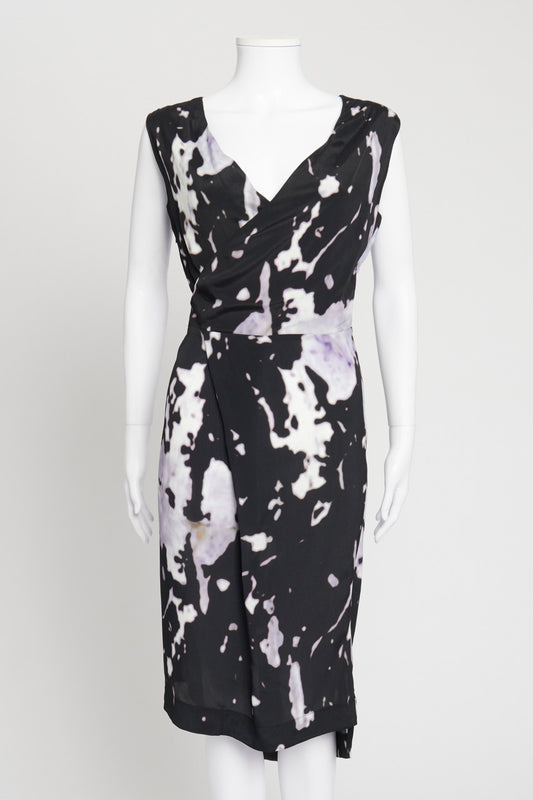 Black and Lavender Abstract Print Midi Dress