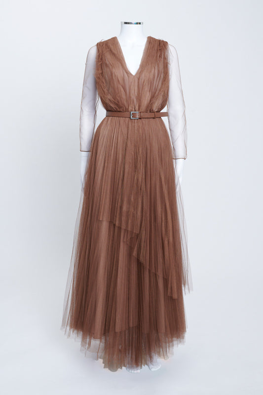 Brown Layered Tulle Belted Ankle Length Dress
