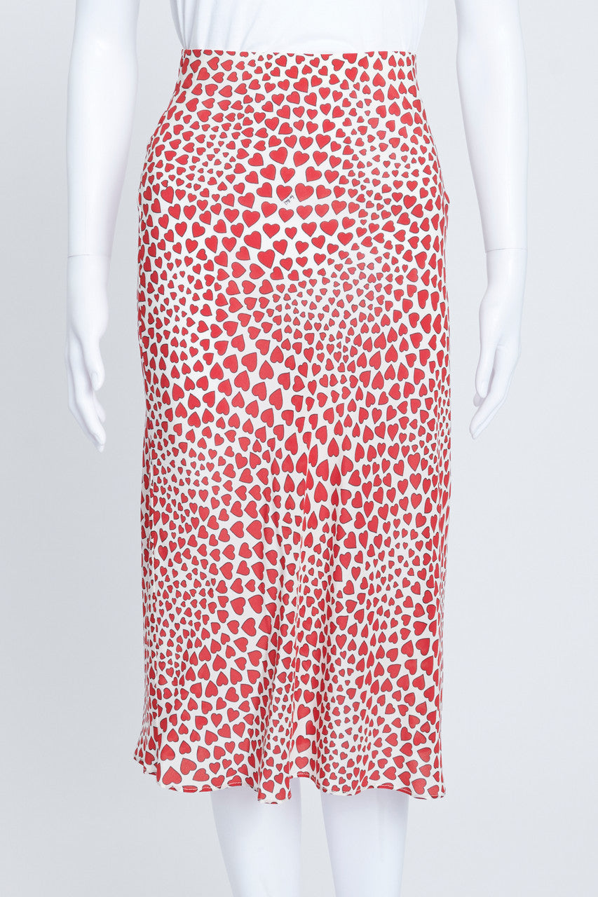 Red Heart Print Silk Midi Skirt