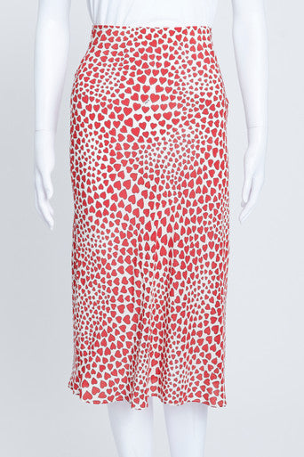 Red Heart Print Silk Midi Skirt