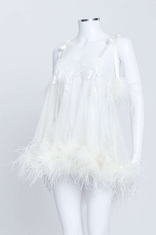 White Tulle and Lace Babydoll Slip with Ostrich Feather Trim