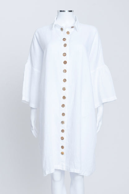 White Linen Oversized Shirt Dress With Wooden Buttons