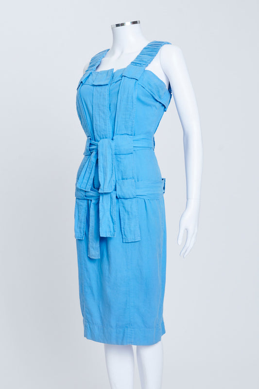 Blue Washed Cotton Knee-Length Dress With Multi Waist Tie Detail