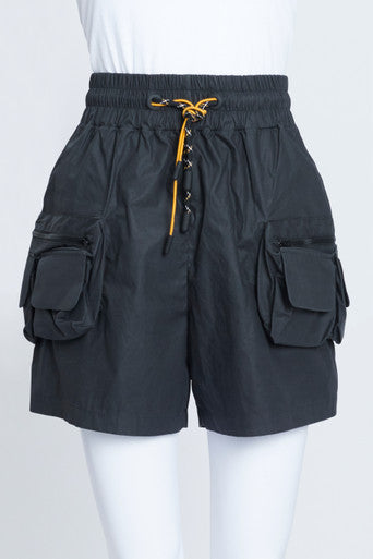 Black Cotton Coated Multi Pocket Shorts