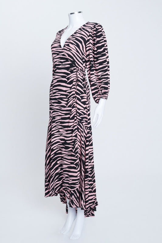 Pink Crepe Tiger Stripe Asymmetric Wrap Dress with Balloon Sleeves
