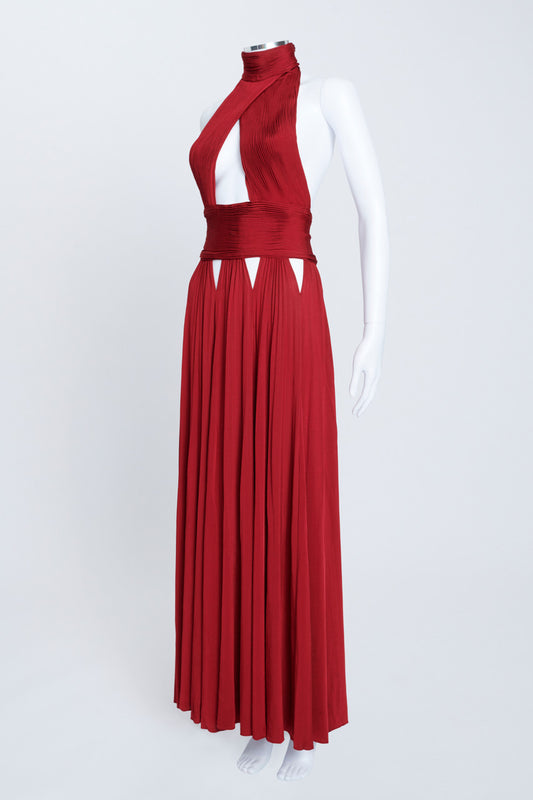 Red Halter Neck Backless Plisse Floor Length Gown With Cut Outs