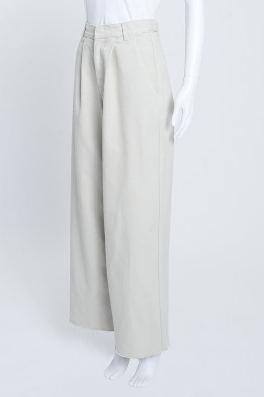 Cream Cotton Wide Leg Cropped Trousers with Frayed Hem