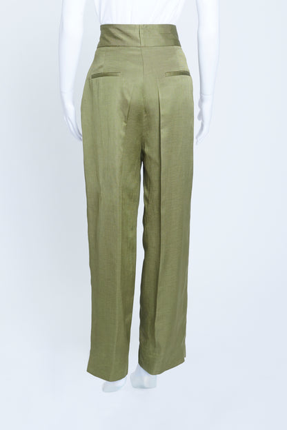 Khaki Linen Mix Straight Leg Trousers With Belt Detail